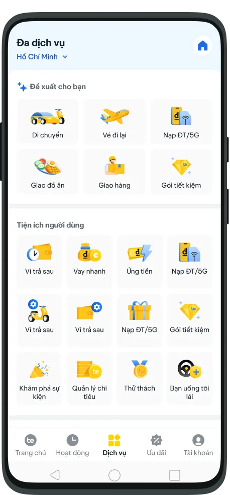 Màn hình chọn dịch vụ bePaylater trên ứng dụng Be